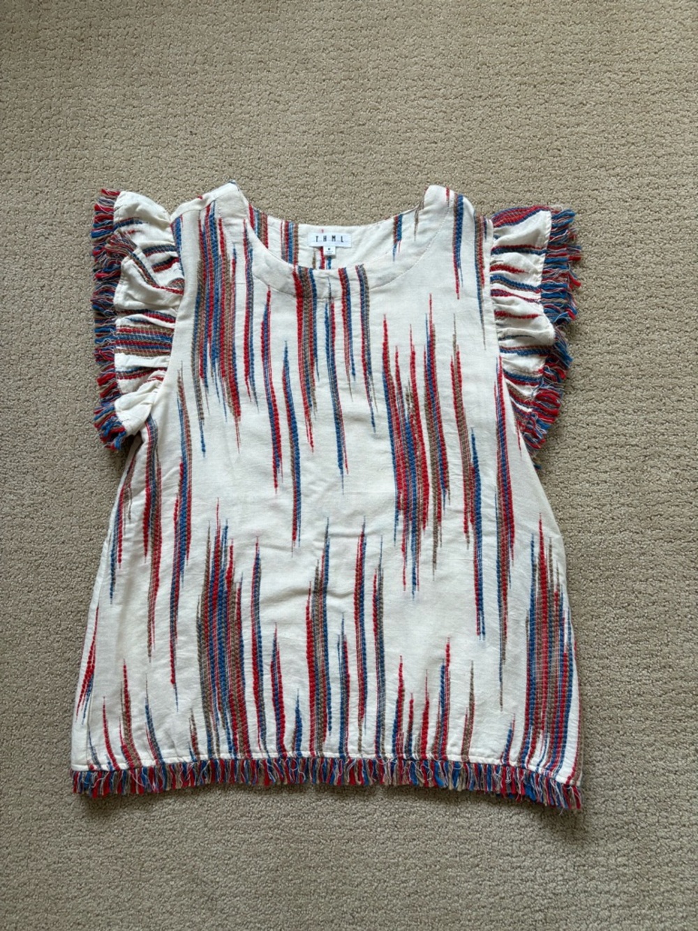 THML Cream Knit Ruffle and Fringe Sleeve Top with Red, Blue and Brown Stripes